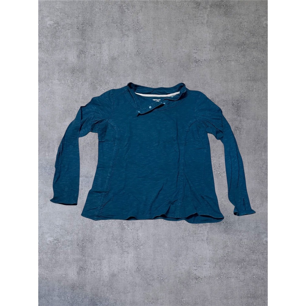 ExOfficio Top Womens L Teal Blue Asymmetrical Snap Thumbhole Slub Knit EUC